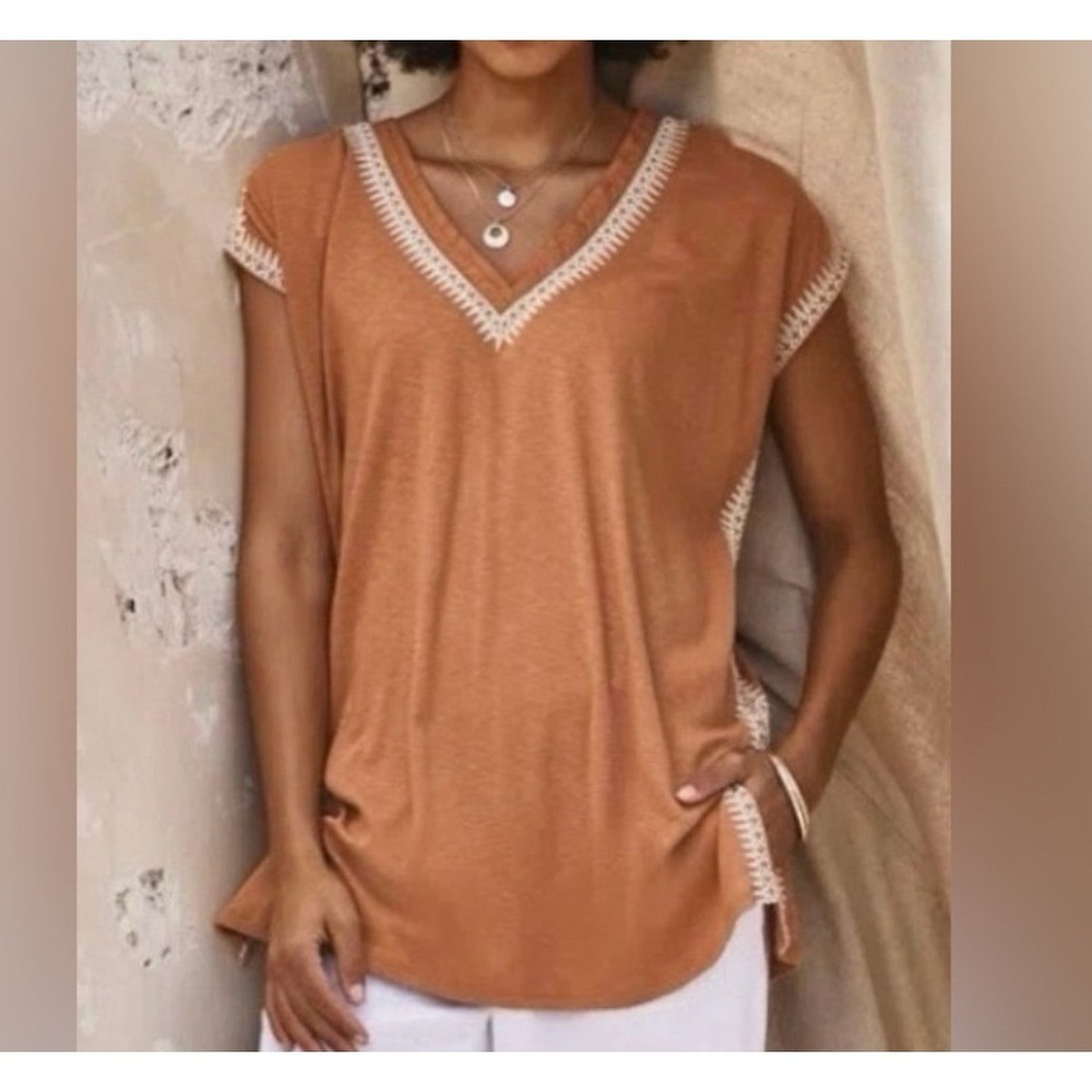 Pure Jill Elements Embroidered Trim Persian Rust Orange Tunic V-Neck Boho Top XL